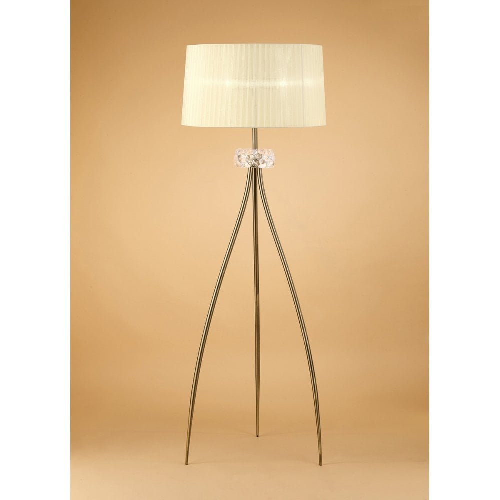 Loewe Floor Lamp 3 Light E27, Antique Brass With Cream Shade