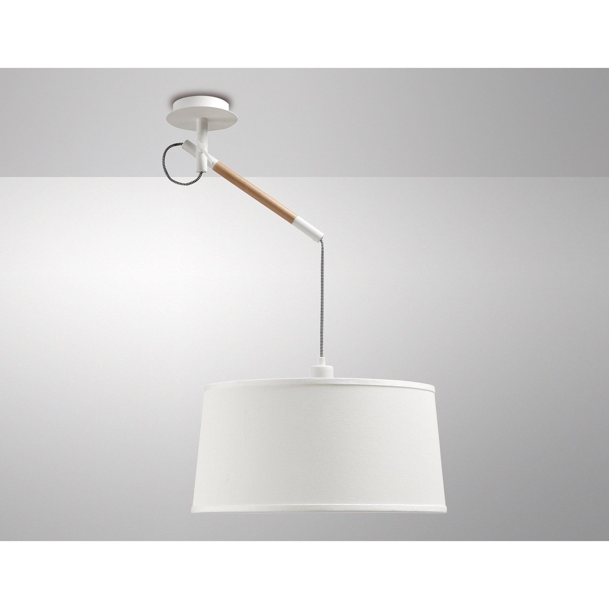 Nordica Multi Position Pendant With White Shade 1 Light E27, Matt White/Beech With Ivory White Shade