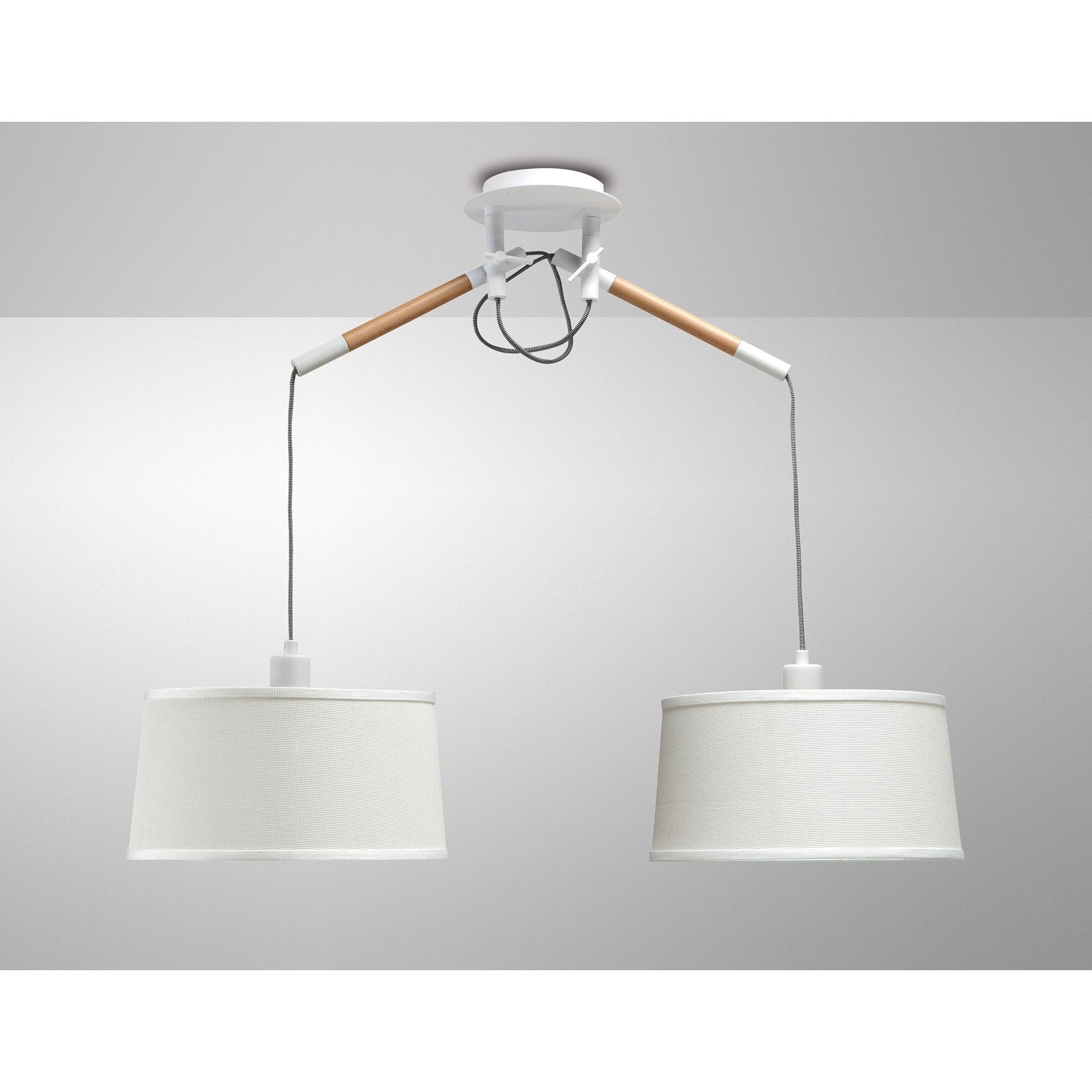 Nordica Pendant With White Shade 2 Light E27, Matt White/Beech With Ivory White Shades