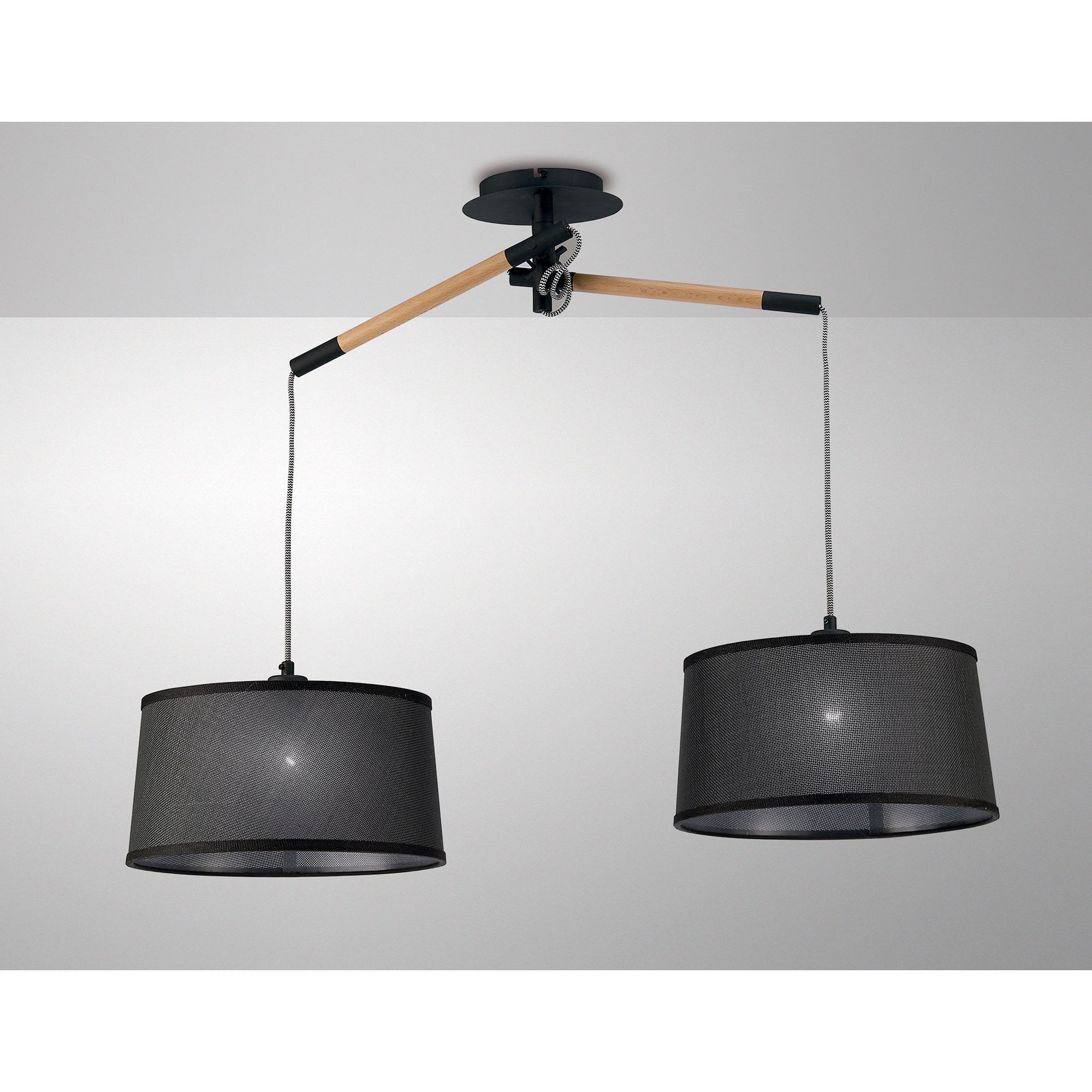 Nordica Pendant With Black Shade 2 Light E27, Matt Black/Beech With Black Shades