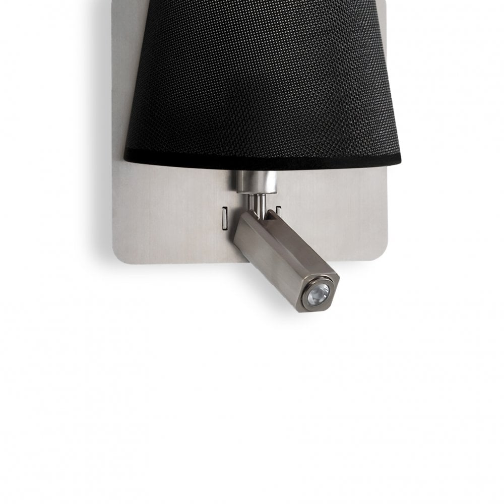 Bahia Wall Lamp with Large Back Plate 1 Light E27 & Reading Light 3W LED with Black Shade Satin Nickel 4000K, 200Lm,, 3Yrs Warranty