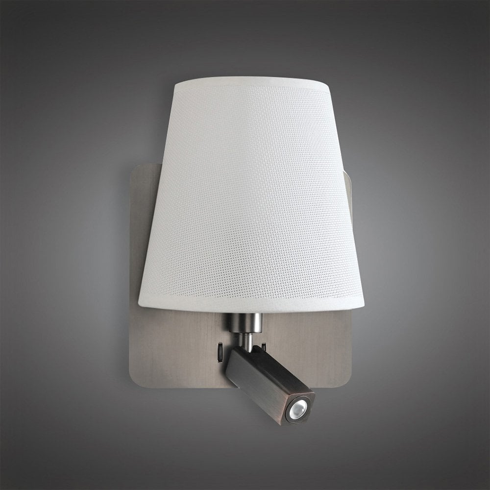 Bahia Wall Lamp with Large Back Plate 1 Light E27 & Reading Light 3W LED with White Shade Satin Nickel 4000K, 200Lm,, 3Yrs Warranty