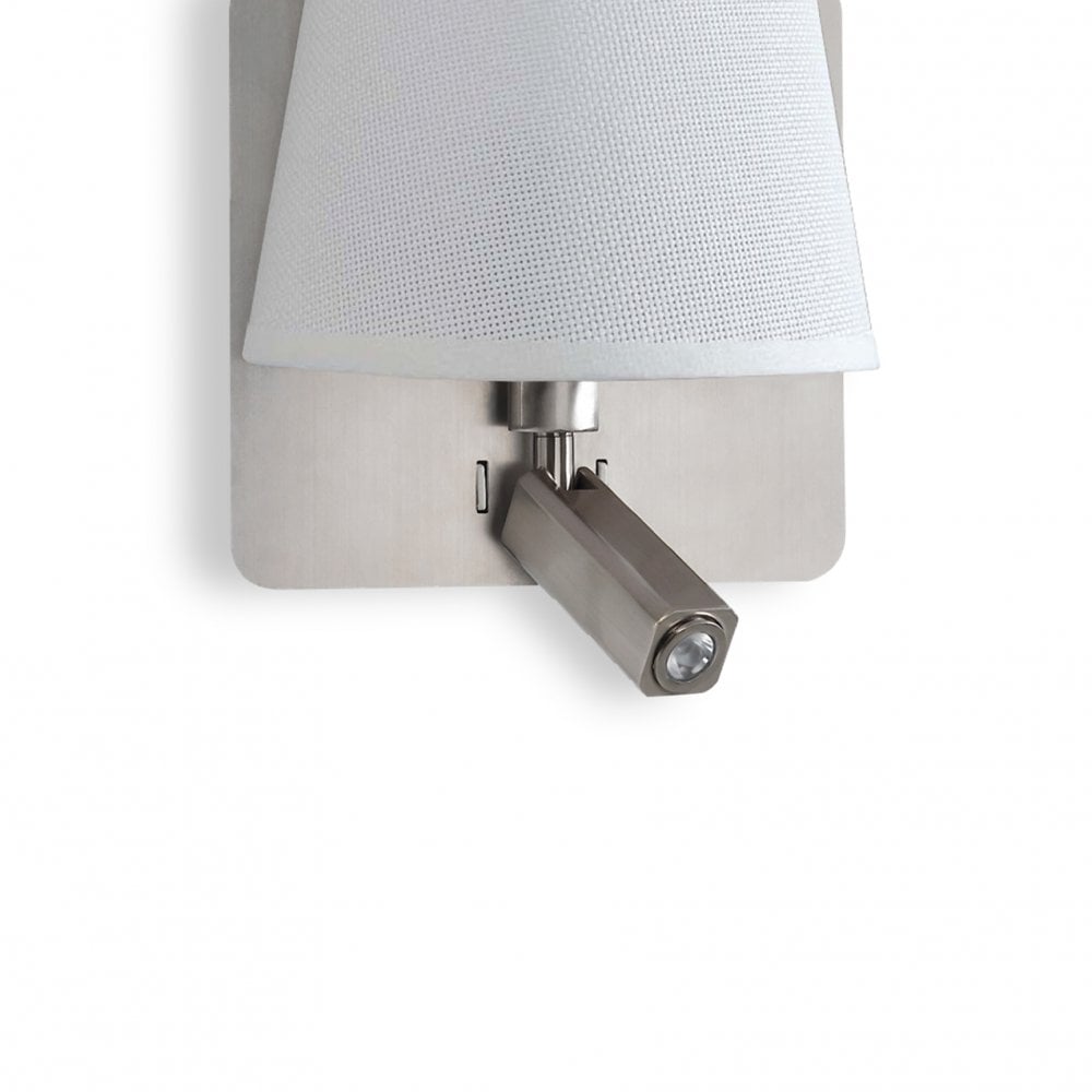 Bahia Wall Lamp with Large Back Plate 1 Light E27 & Reading Light 3W LED with White Shade Satin Nickel 4000K, 200Lm,, 3Yrs Warranty