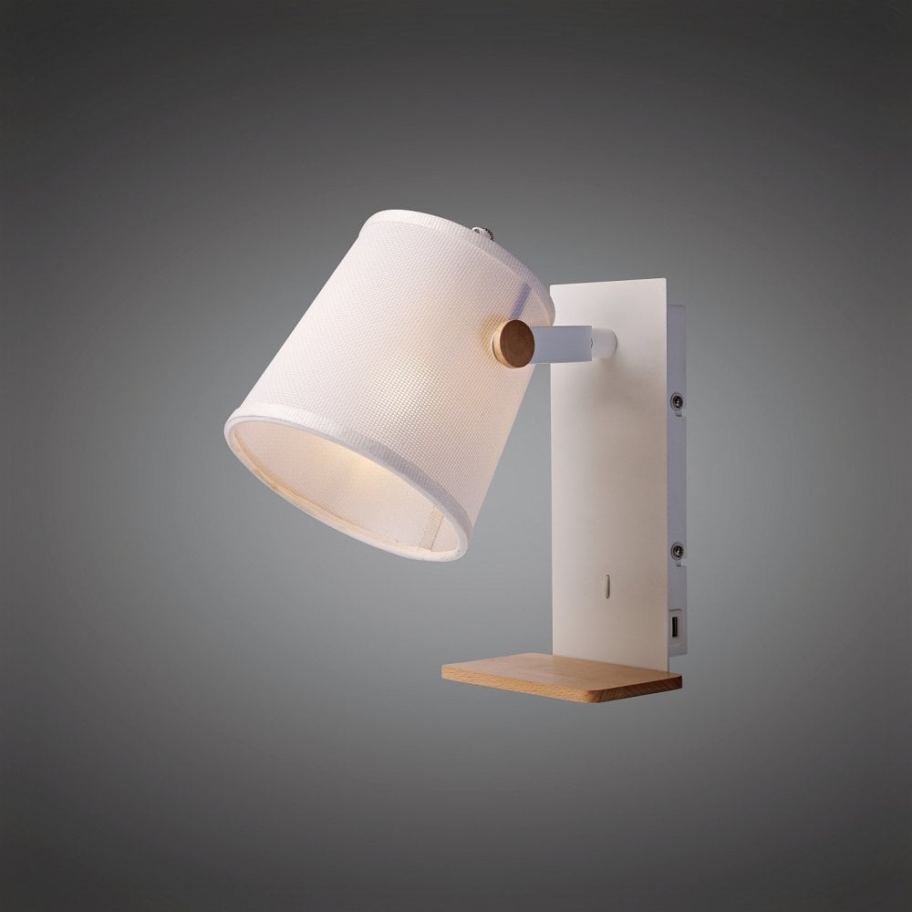 Nordica Ii Position Wall Light with Usb Socket, 1x23W E27, White / Beech with White Shade