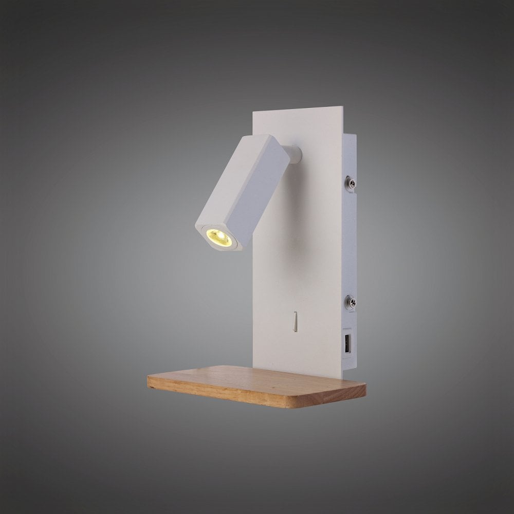 Nordica Ii Position Wall Light with Usb Socket, 180Lm, 1x3W 3000K LED White / Beech, 3Yrs Warranty