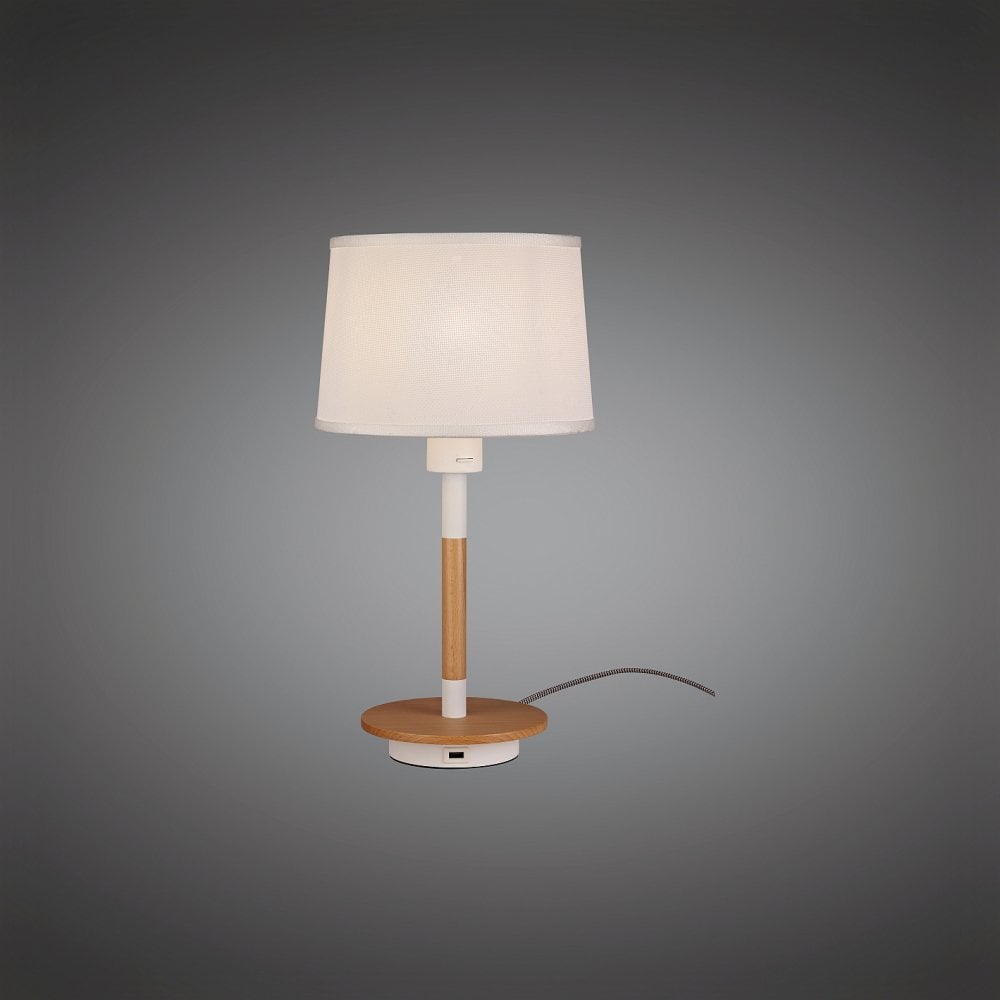 Nordica II Table Lamp With USB Socket, 1x23W E27, White/Beech With White Shade