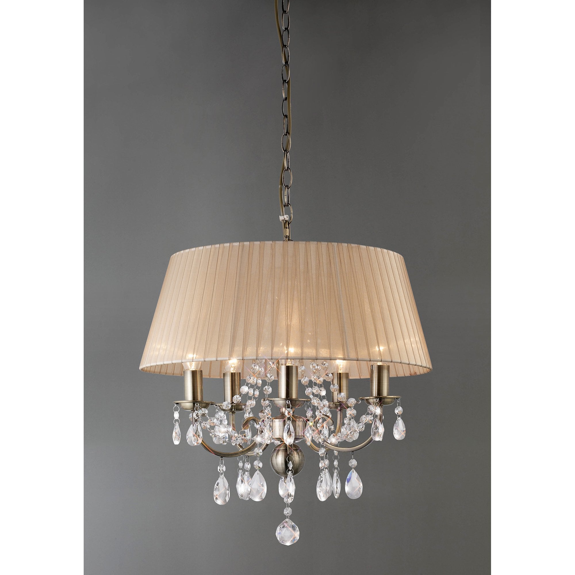 Olivia Pendant With Soft Bronze Shade 5 Light Antique Brass/Crystal