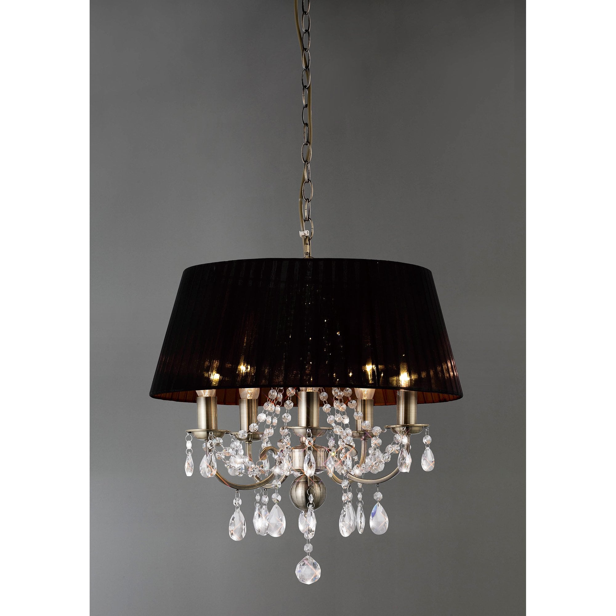 IL30047 Olivia Pendant With Black Shade 5 Light Antique Brass/Crystal