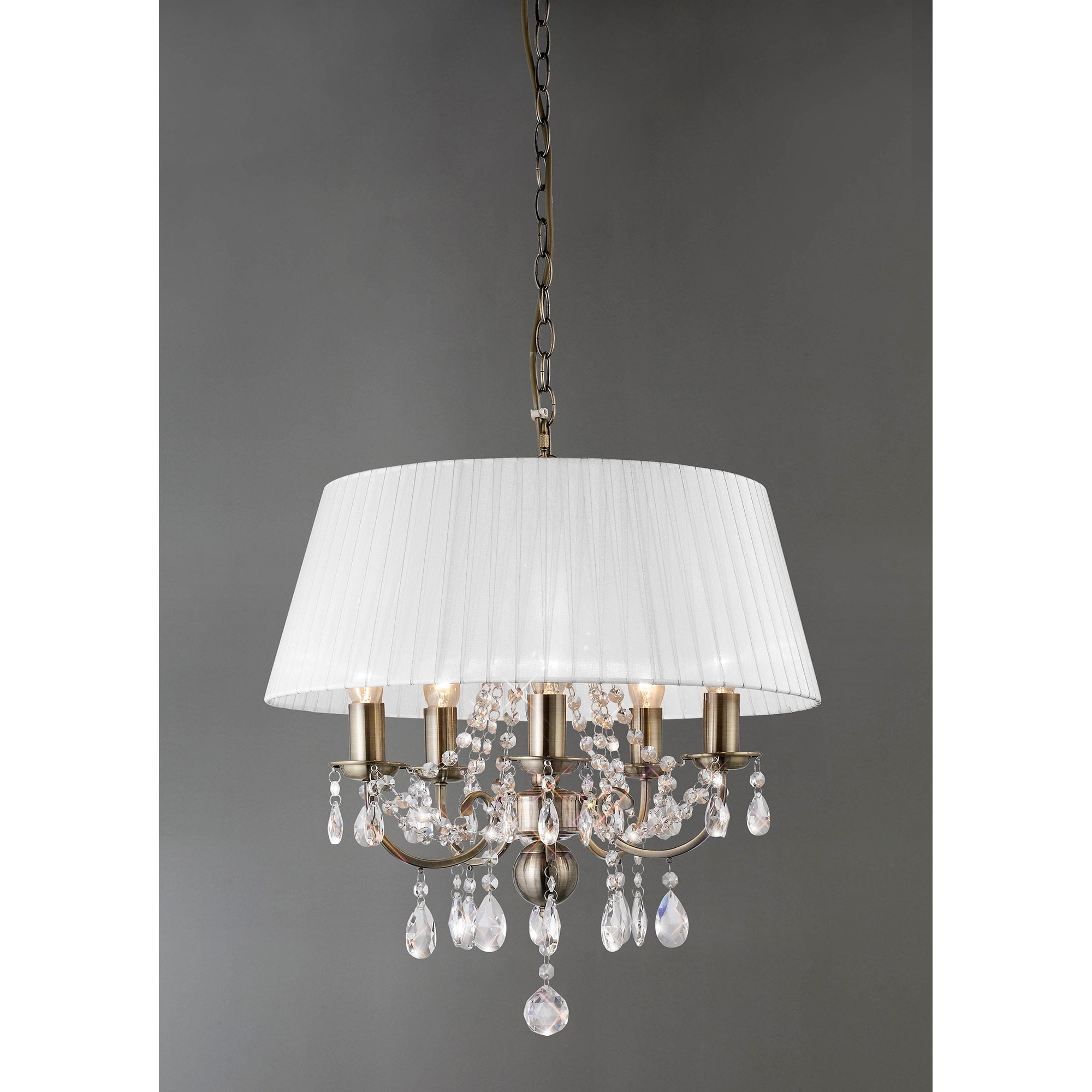 IL30047 Olivia Pendant With White Shade 5 Light Antique Brass/Crystal