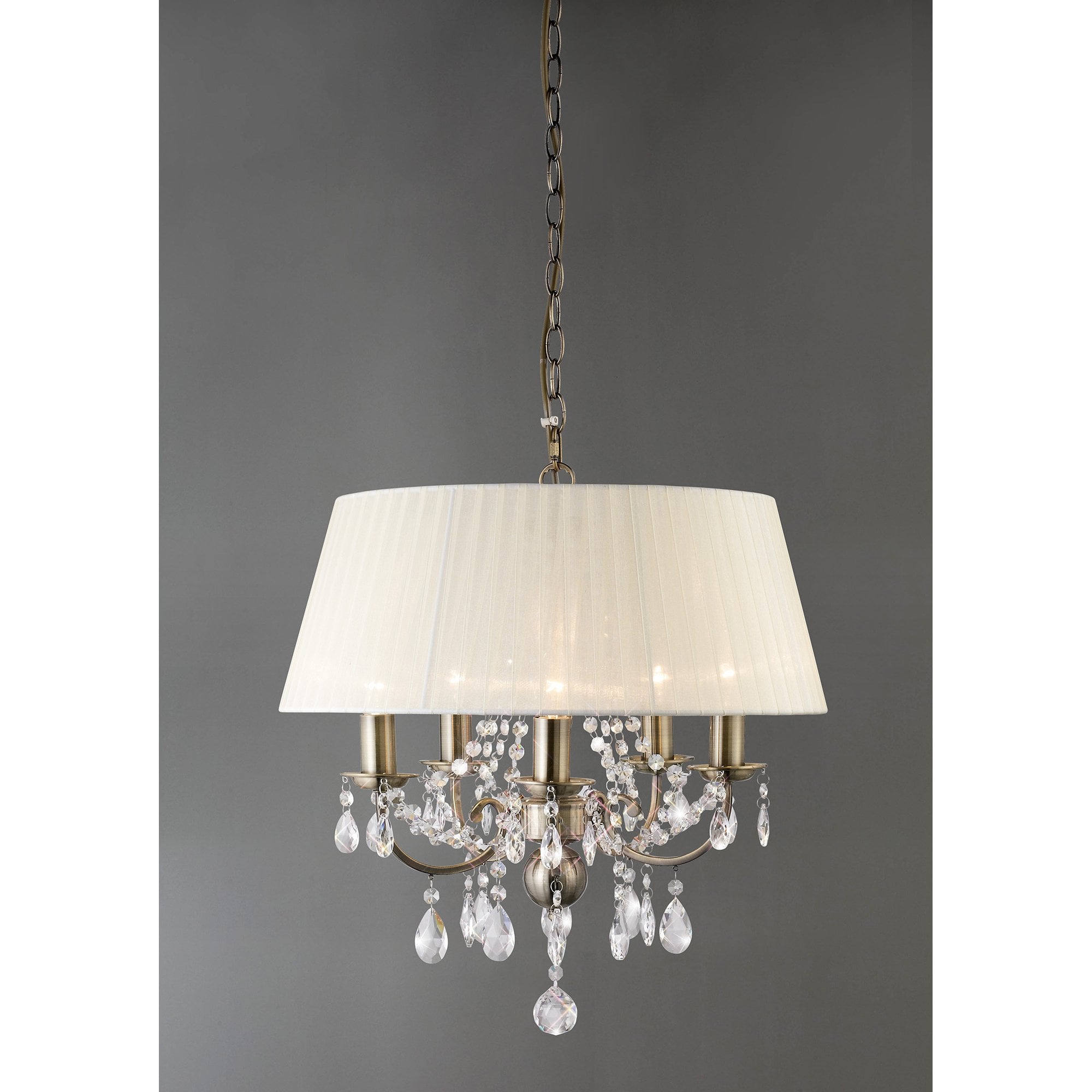 Olivia Pendant With Ivory Cream Shade 5 Light Antique Brass/Crystal