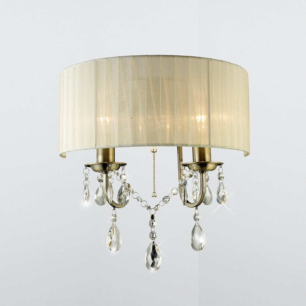 IL30064 Olivia Wall Lamp Switched With Ivory Cream Shade 2 Light Antique Brass/Crystal