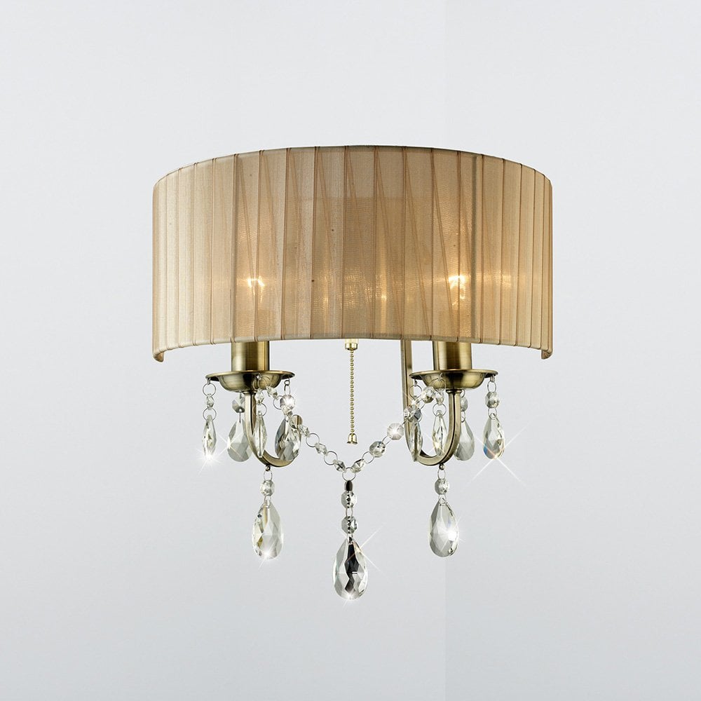 Olivia Wall Lamp Switched With Soft Bronze Shade 2 Light Antique Brass/Crystal