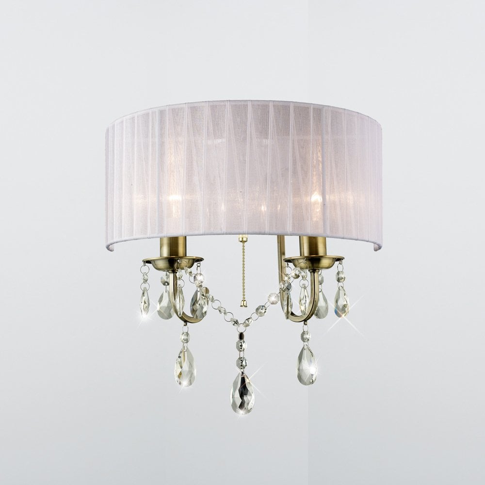 IL30064 Olivia Wall Lamp Switched With White Shade 2 Light Antique Brass/Crystal