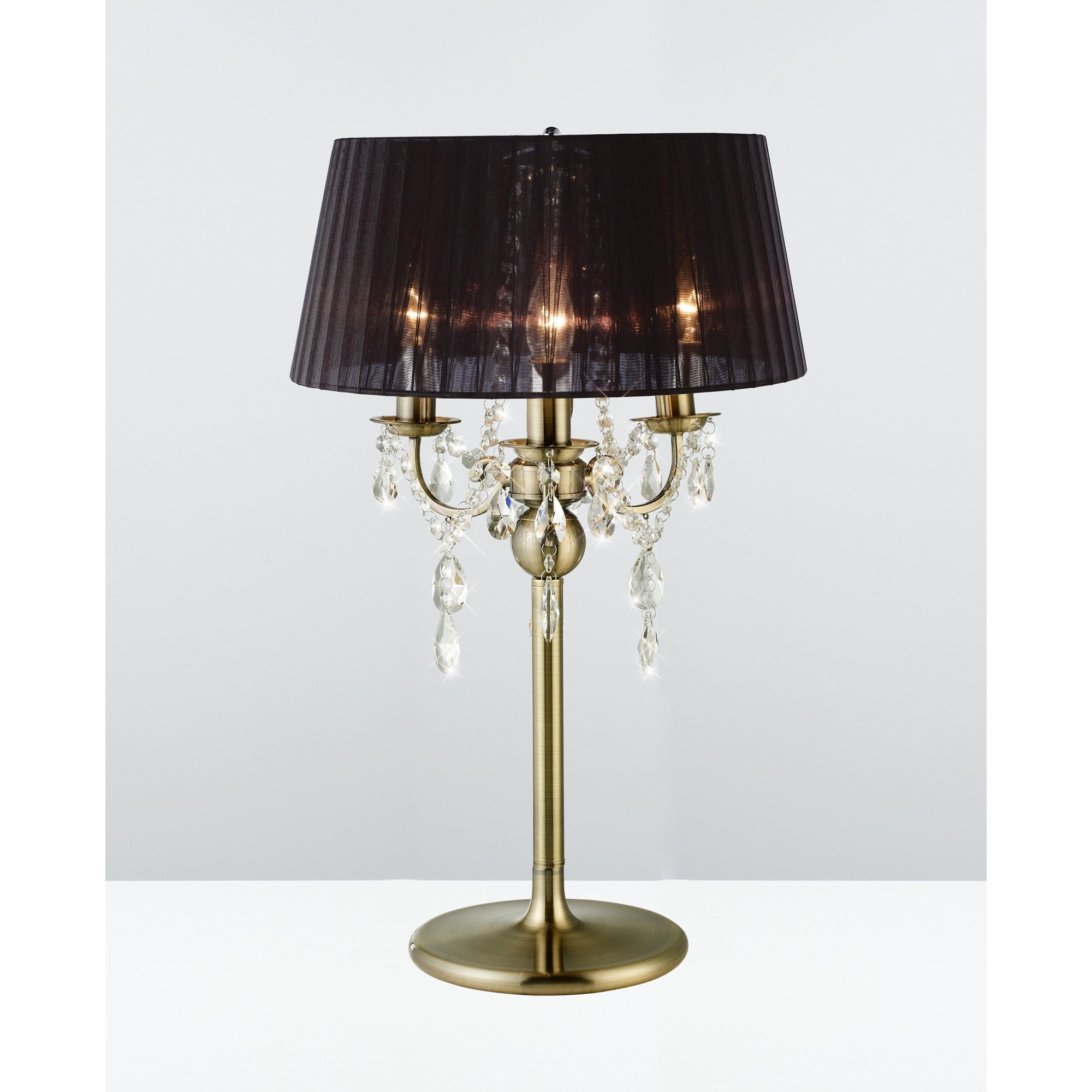 IL30065 Olivia Table Lamp With Black Shade 3 Light Antique Brass/Crystal