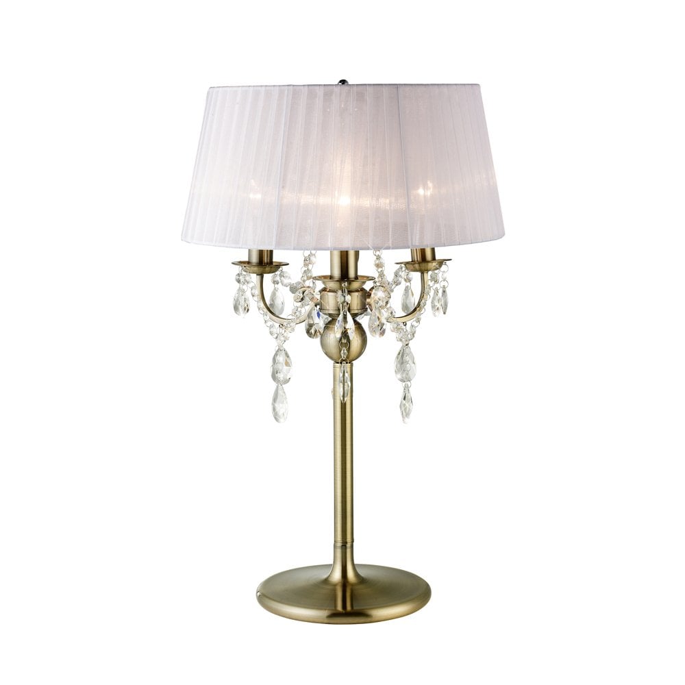 IL30065 Olivia Table Lamp With White Shade 3 Light Antique Brass/Crystal