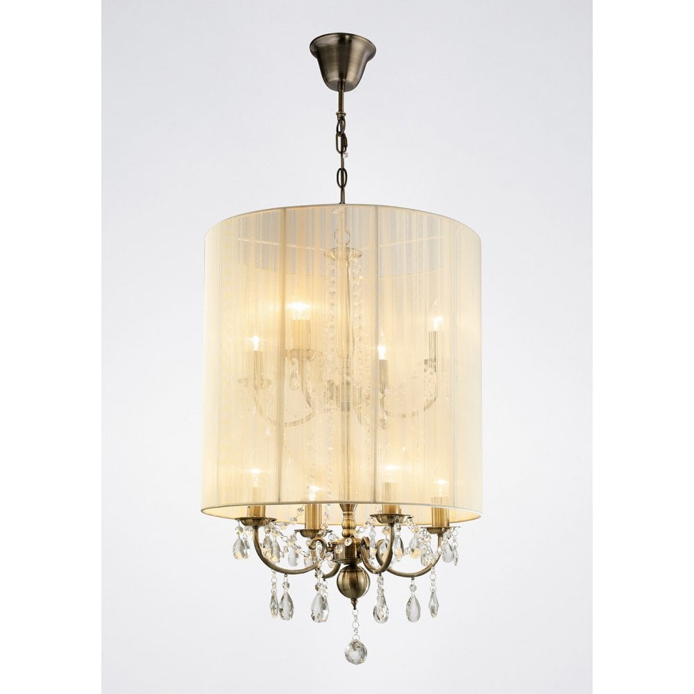 Ella Pendant With Ivory Cream Shade 8 Light Antique Brass/Crystal