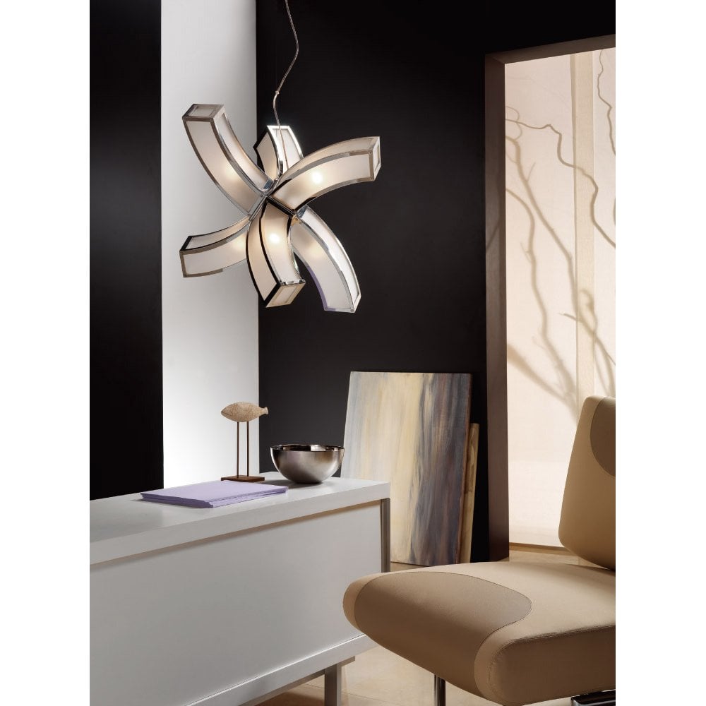 Duna E27 Pendant 6 arms 6 Light E27, Polished Chrome/White Acrylic