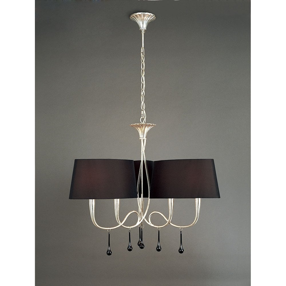 Paola Pendant 3 Arm 6 Light E14, Silver Painted With Black Shades & Black Glass Droplets