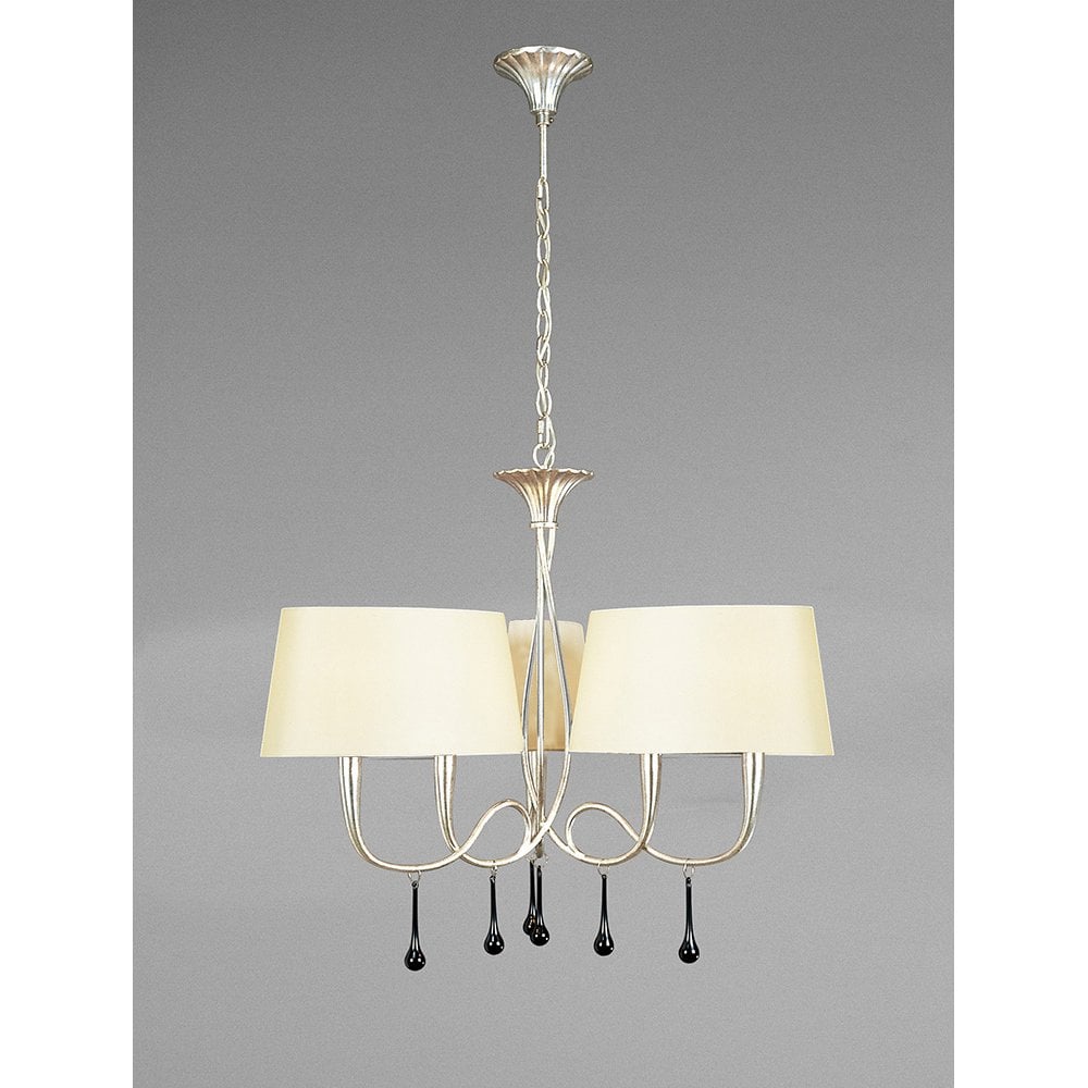 Paola Pendant 3 Arm 6 Light E14, Silver Painted With Cream Shades & Black Glass Droplets