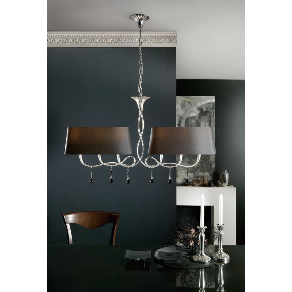 Paola Pendant 2 Arm 6 Light E14, Silver Painted With Black Shades & Black Glass Droplets