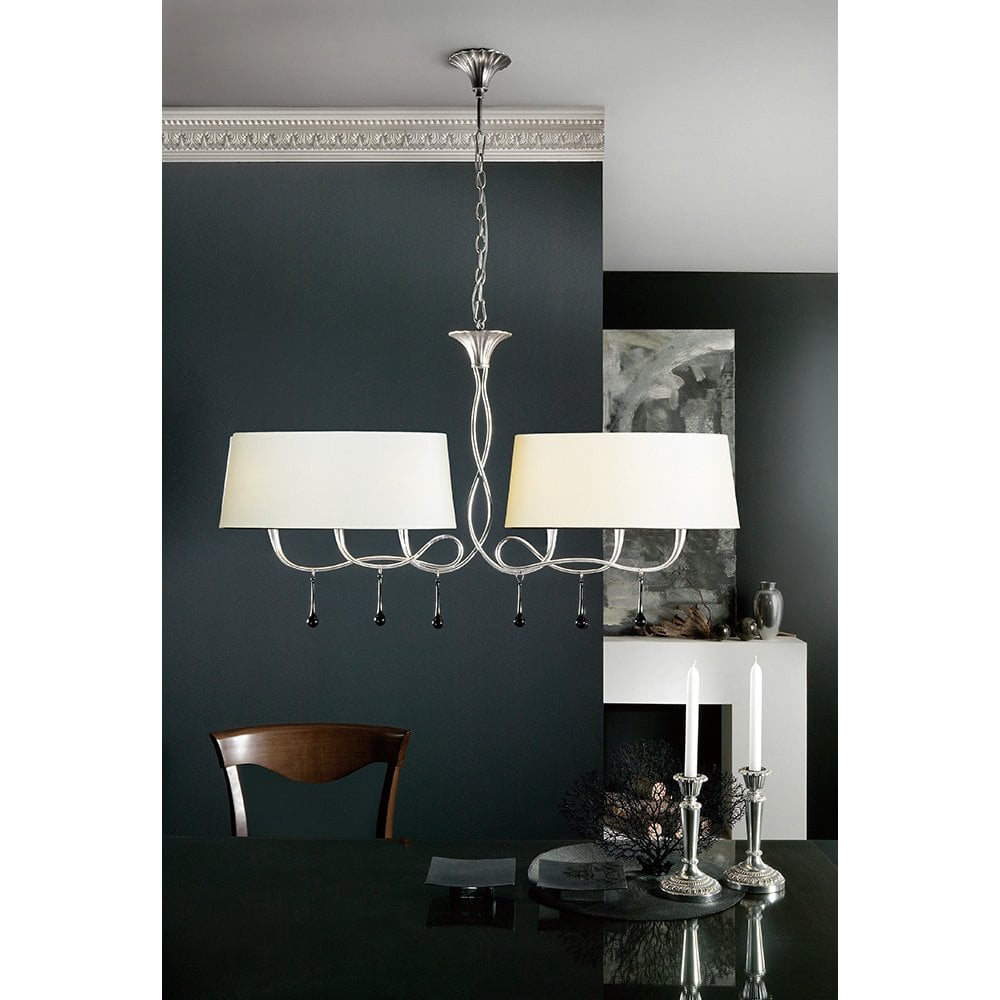 Paola Pendant 2 Arm 6 Light E14, Silver Painted With Cream Shades & Black Glass Droplets