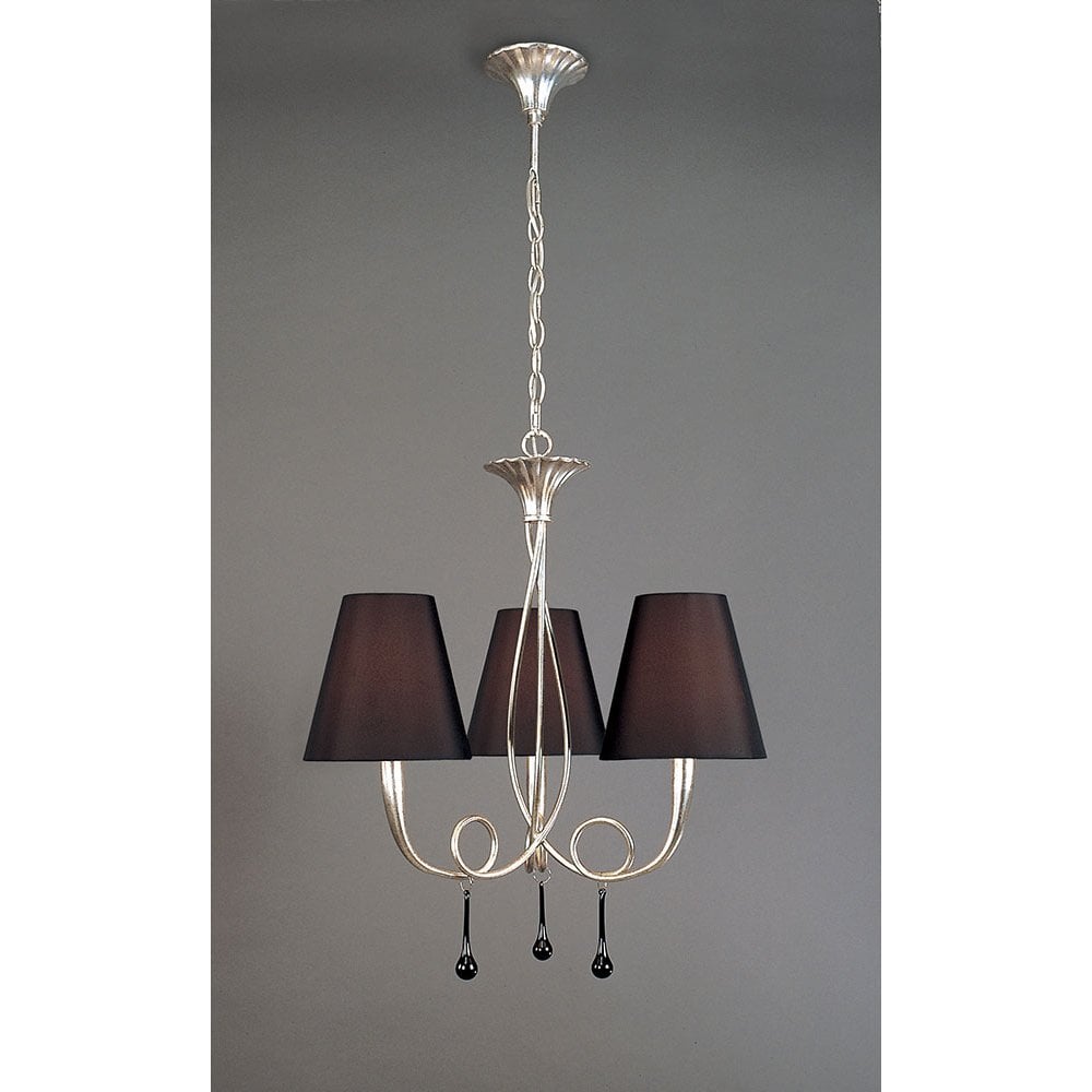 Paola Pendant 3 Light E14, Silver Painted With Black Shades & Black Glass Droplets