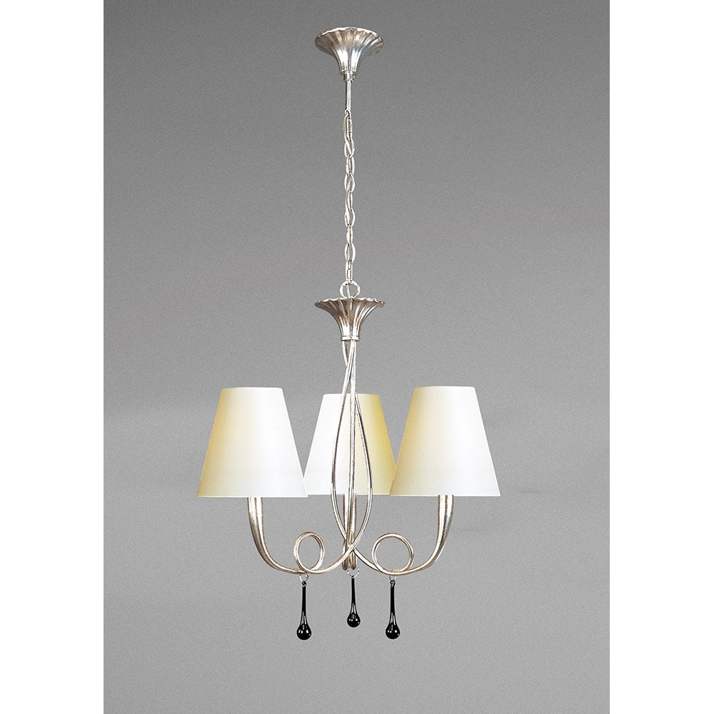 Paola Pendant 3 Light E14, Silver Painted With Cream Shades & Black Glass Droplets