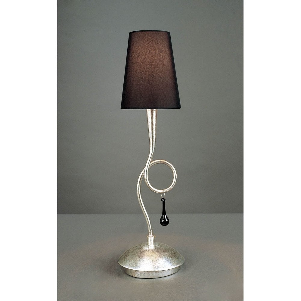 Paola Table Lamp 1 Light E14, Silver Painted With Black Shade & Black Glass Droplets