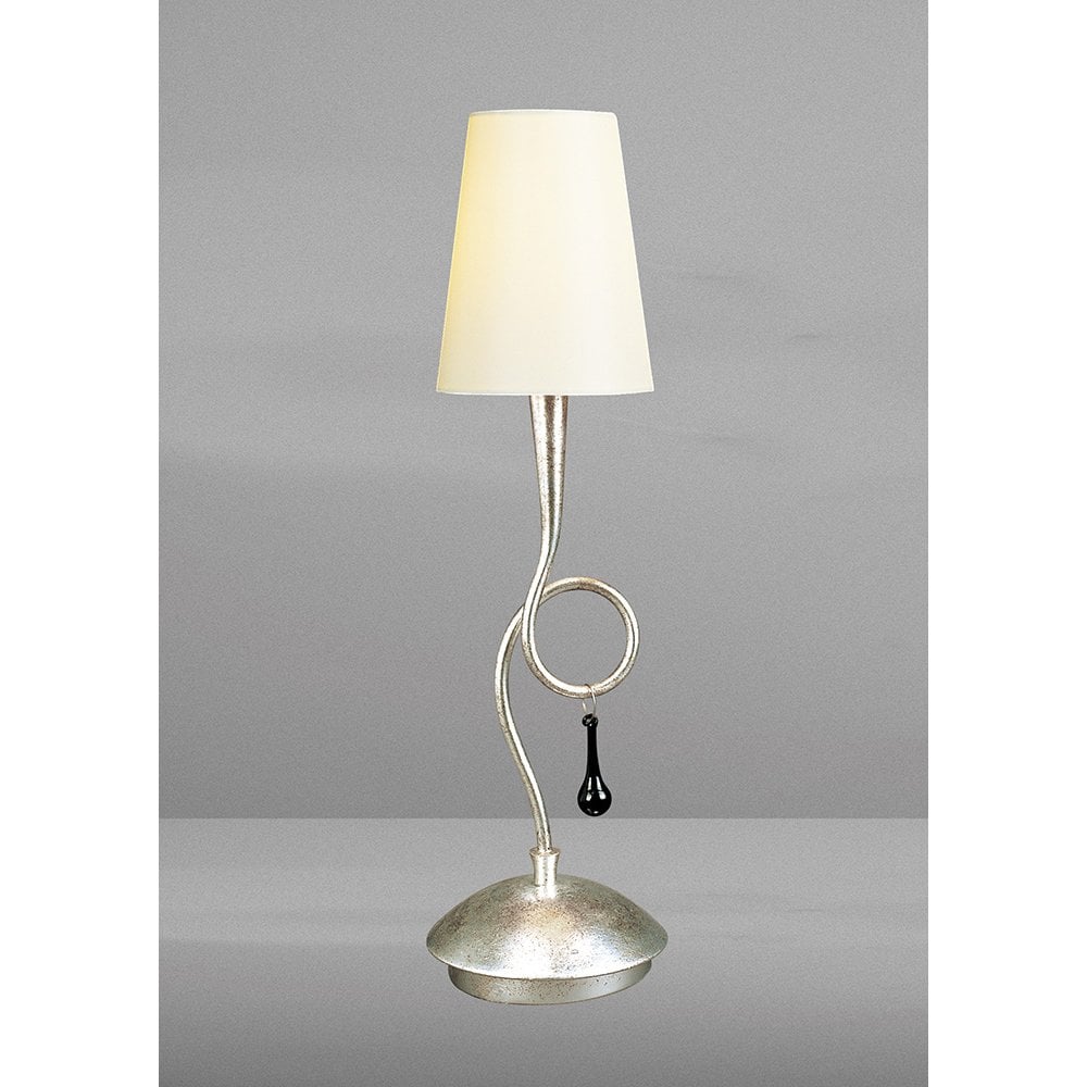 Paola Table Lamp 1 Light E14, Silver Painted With Cream Shade & Black Glass Droplets