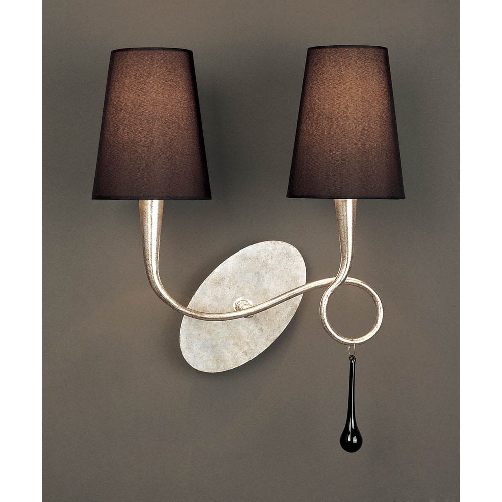 Paola Wall Lamp Switched 2 Light E14, Silver Painted With Black Shades & Black Glass Droplets