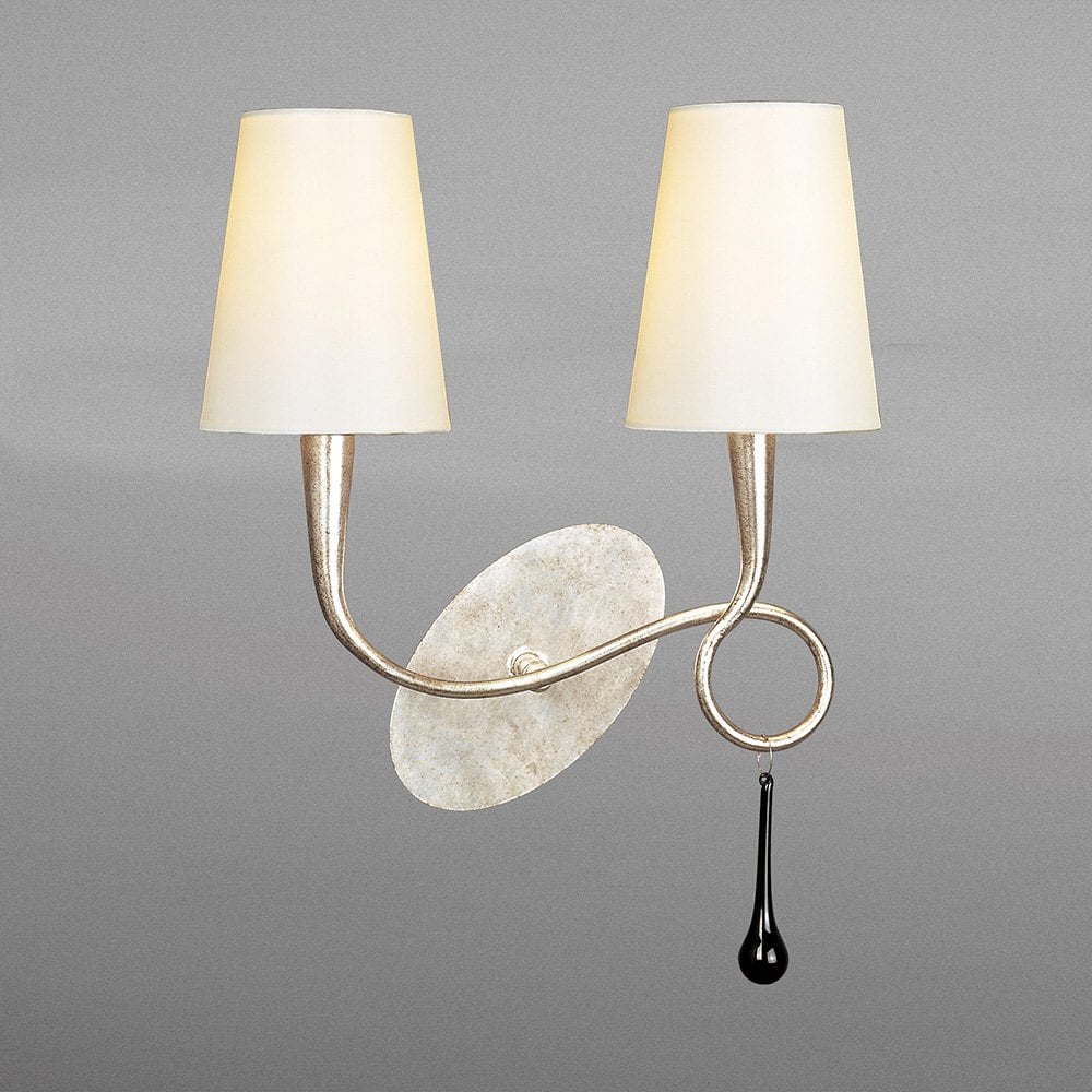 Paola Wall Lamp Switched 2 Light E14, Silver Painted With Cream Shades & Black Glass Droplets