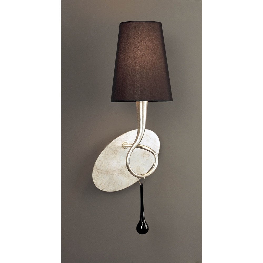 Paola Wall Lamp Switched 1 Light E14, Silver Painted With Black Shade & Black Glass Droplets