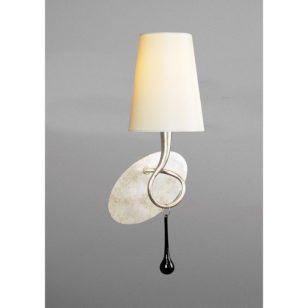 Paola Wall Lamp Switched 1 Light E14, Silver Painted With Cream Shade & Black Glass Droplets