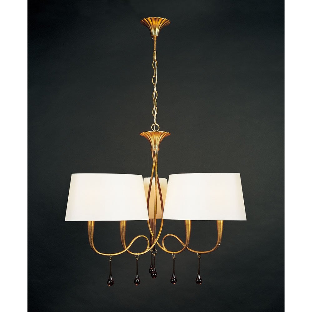 Paola Pendant 3 Arm 6 Light E14, Gold Painted With Cream Shades & Amber Glass Droplets