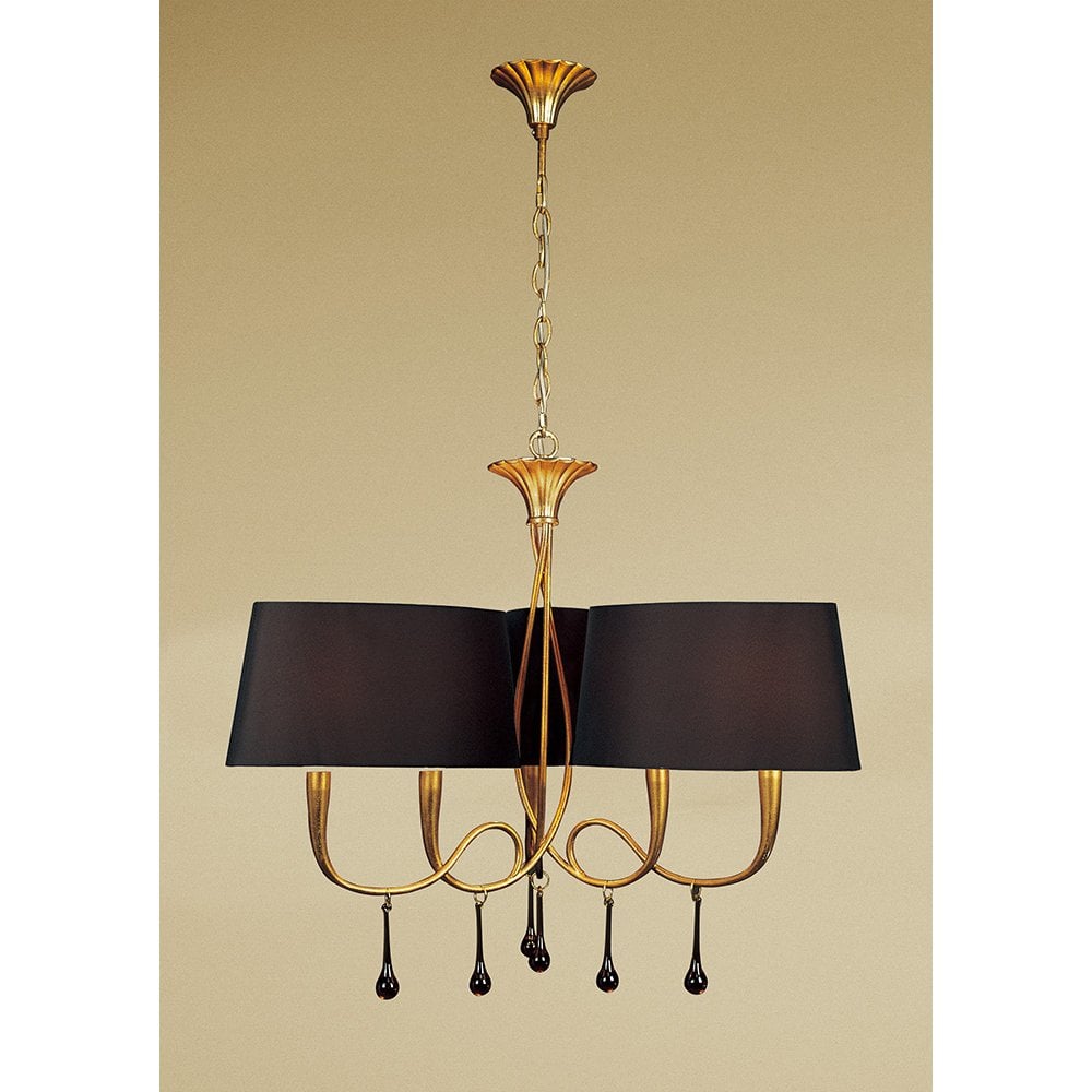 Paola Pendant 3 Arm 6 Light E14, Gold Painted With Black Shades & Amber Glass Droplets