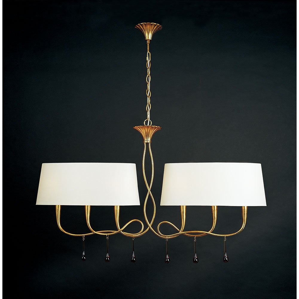 Paola Pendant 2 Arm 6 Light E14, Gold Painted With Cream Shades & Amber Glass Droplets