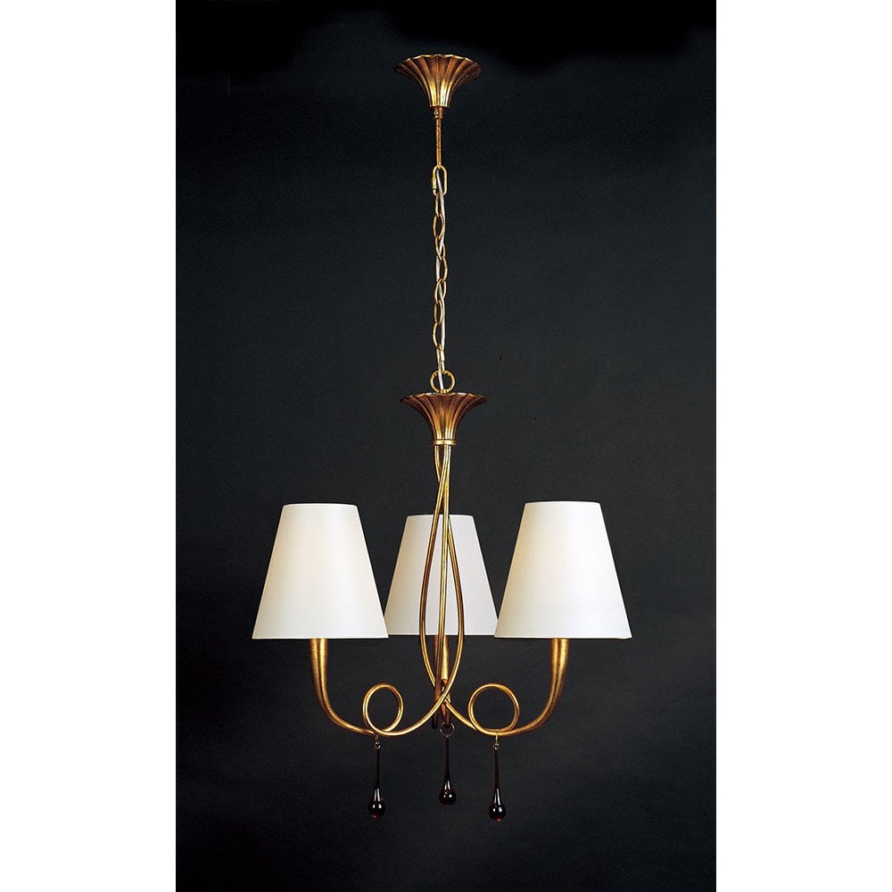 Paola Pendant 3 Light E14, Gold Painted With Cream Shades & Amber Glass Droplets