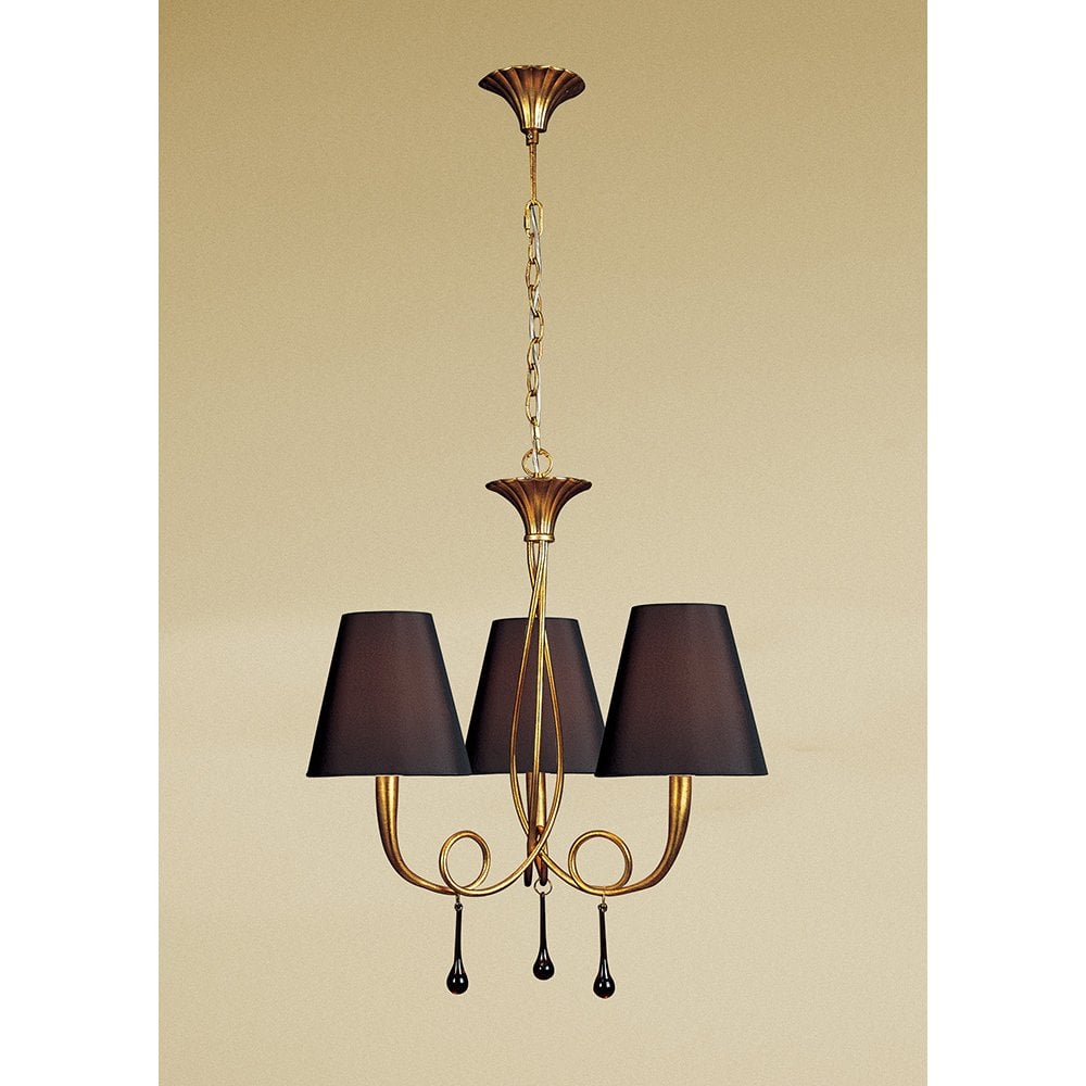 Paola Pendant 3 Light E14, Gold Painted With Black Shades & Amber Glass Droplets