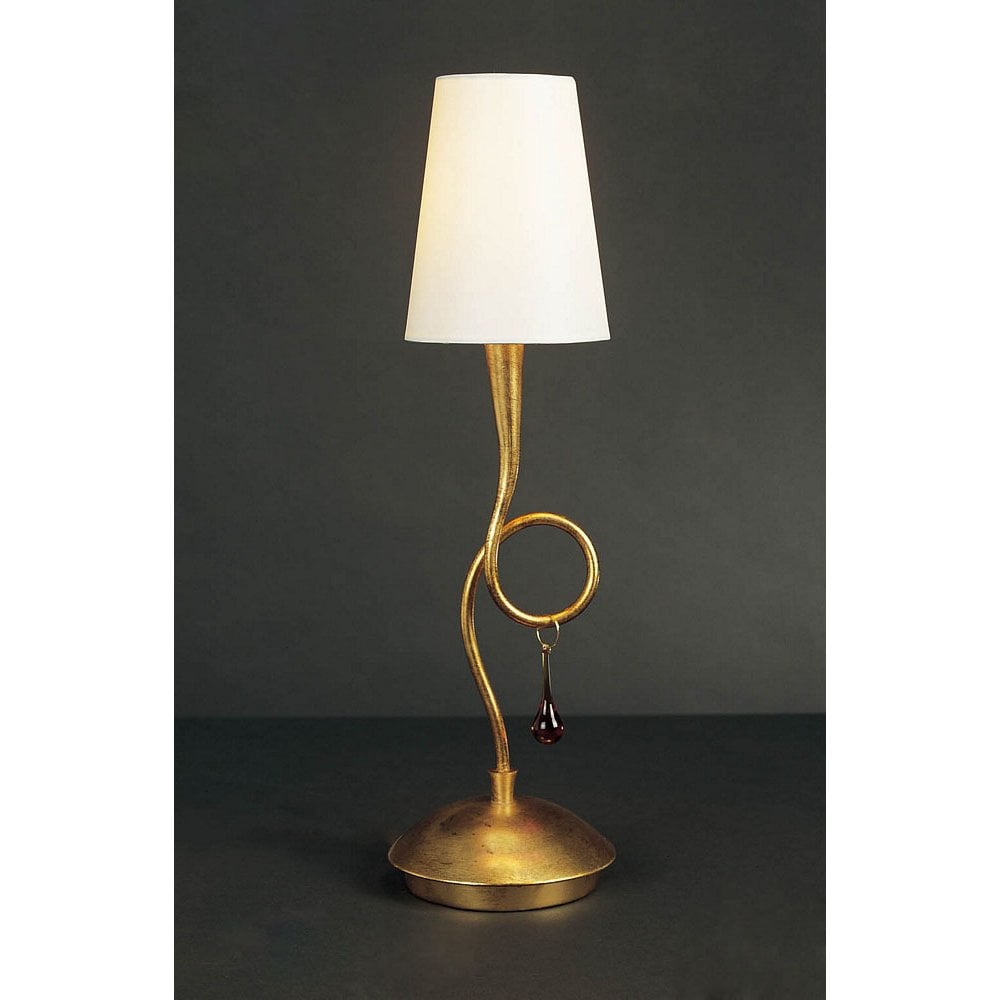 Paola Table Lamp 1 Light E14, Gold Painted With Cream Shade & Amber Glass Droplets