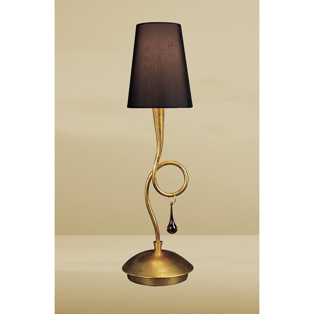 Paola Table Lamp 1 Light E14, Gold Painted With Black Shade & Amber Glass Droplets