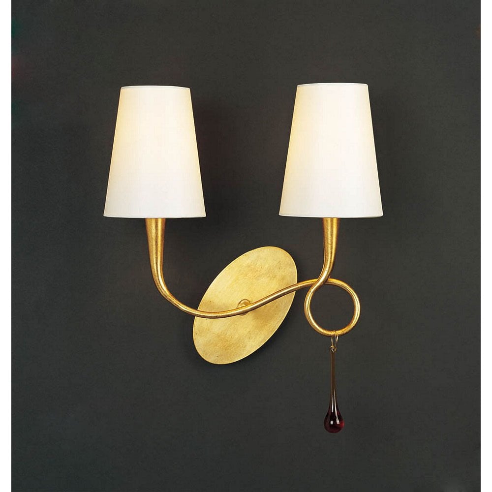 Paola Wall Lamp Switched 2 Light E14, Gold Painted With Cream Shades & Amber Glass Droplets