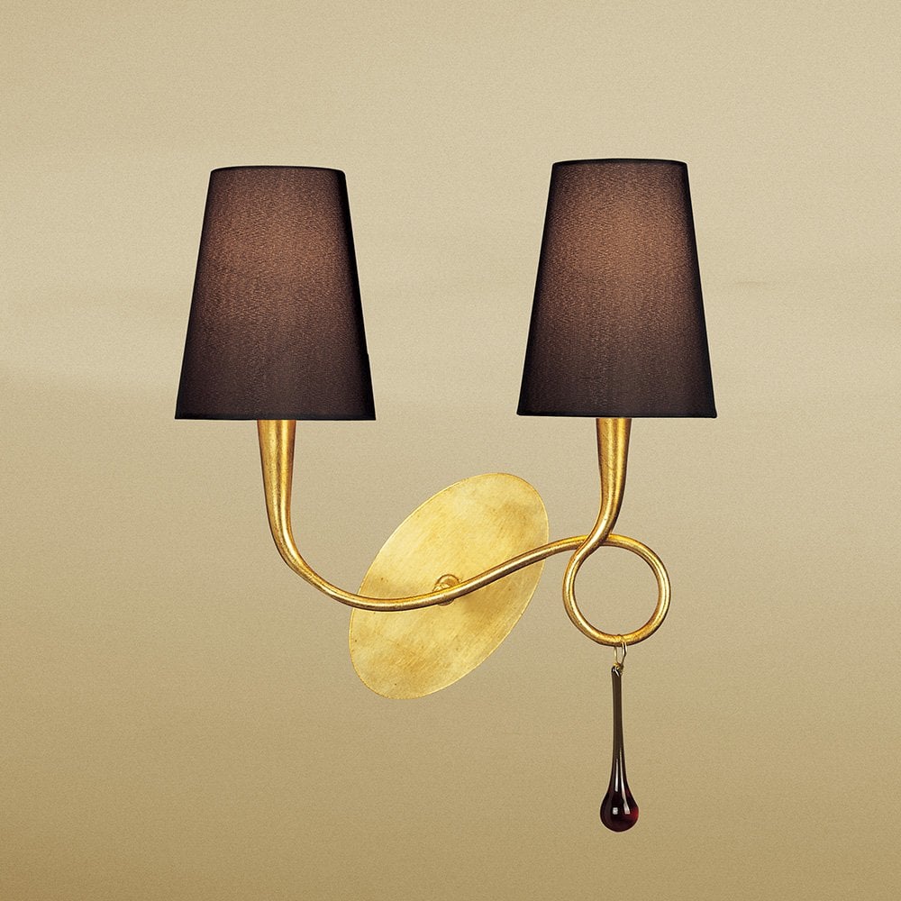 Paola Wall Lamp Switched 2 Light E14, Gold Painted With Black Shades & Amber Glass Droplets