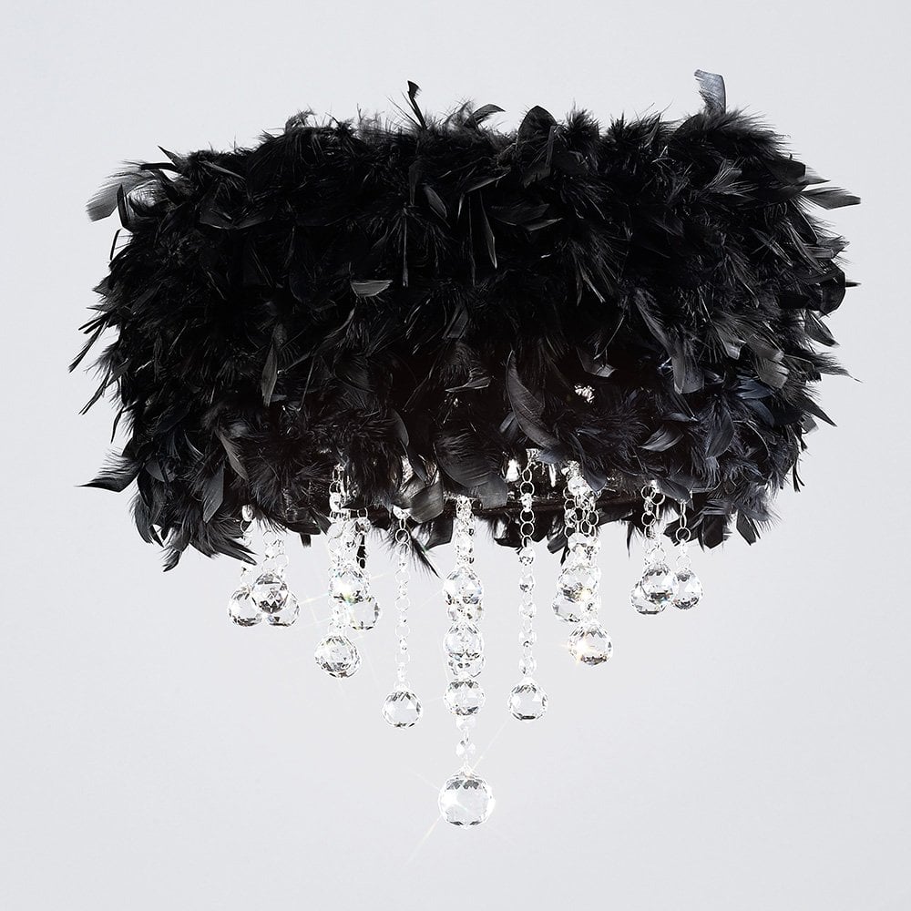 Ibis Ceiling with Black Feather Shade 3 Light Polished Chrome / Crystal