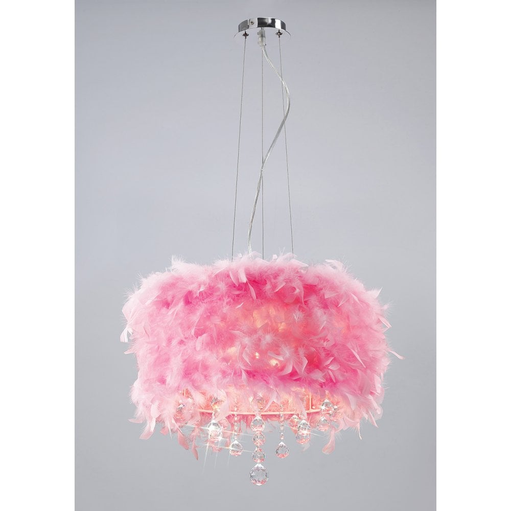Ibis Pendant with Pink Feather Shade 3 Light Polished Chrome / Crystal