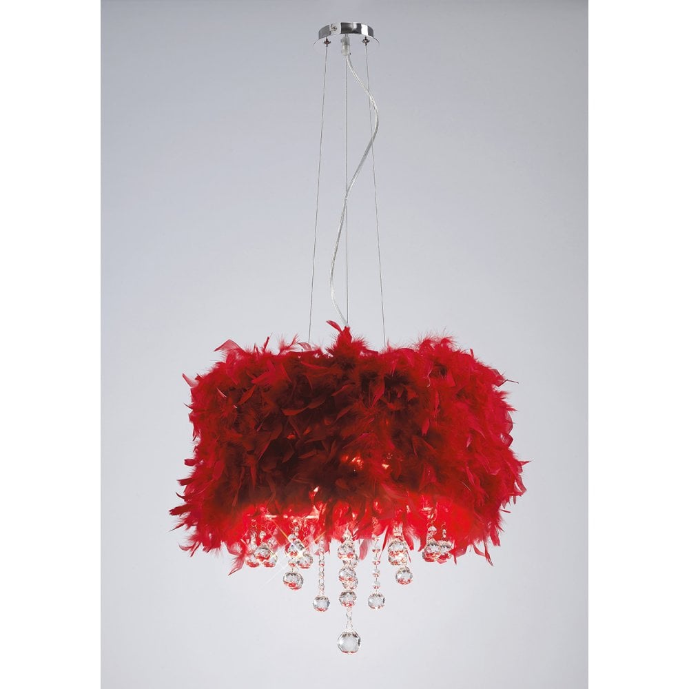 Ibis Pendant with Red Feather Shade 3 Light Polished Chrome / Crystal