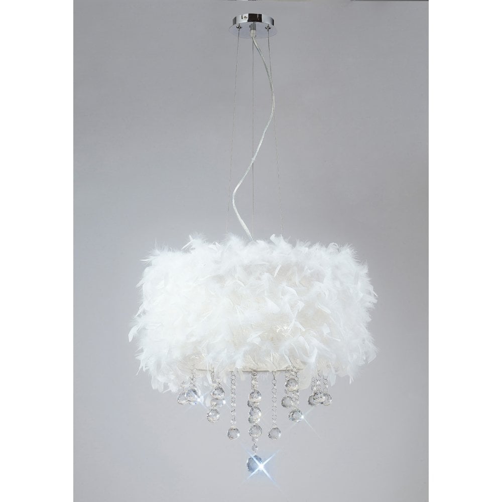 Ibis Pendant with White Feather Shade 3 Light Polished Chrome / Crystal