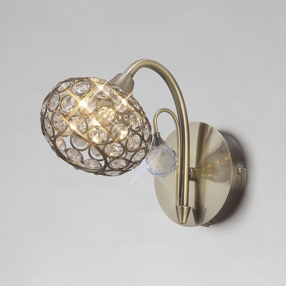 Cara Wall Lamp Switched 1 Light Antique Brass/Crystal