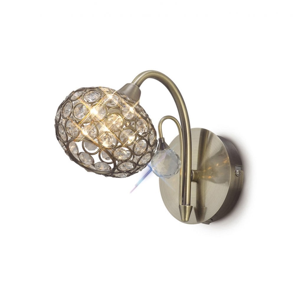 Cara Wall Lamp Switched 1 Light Antique Brass/Crystal