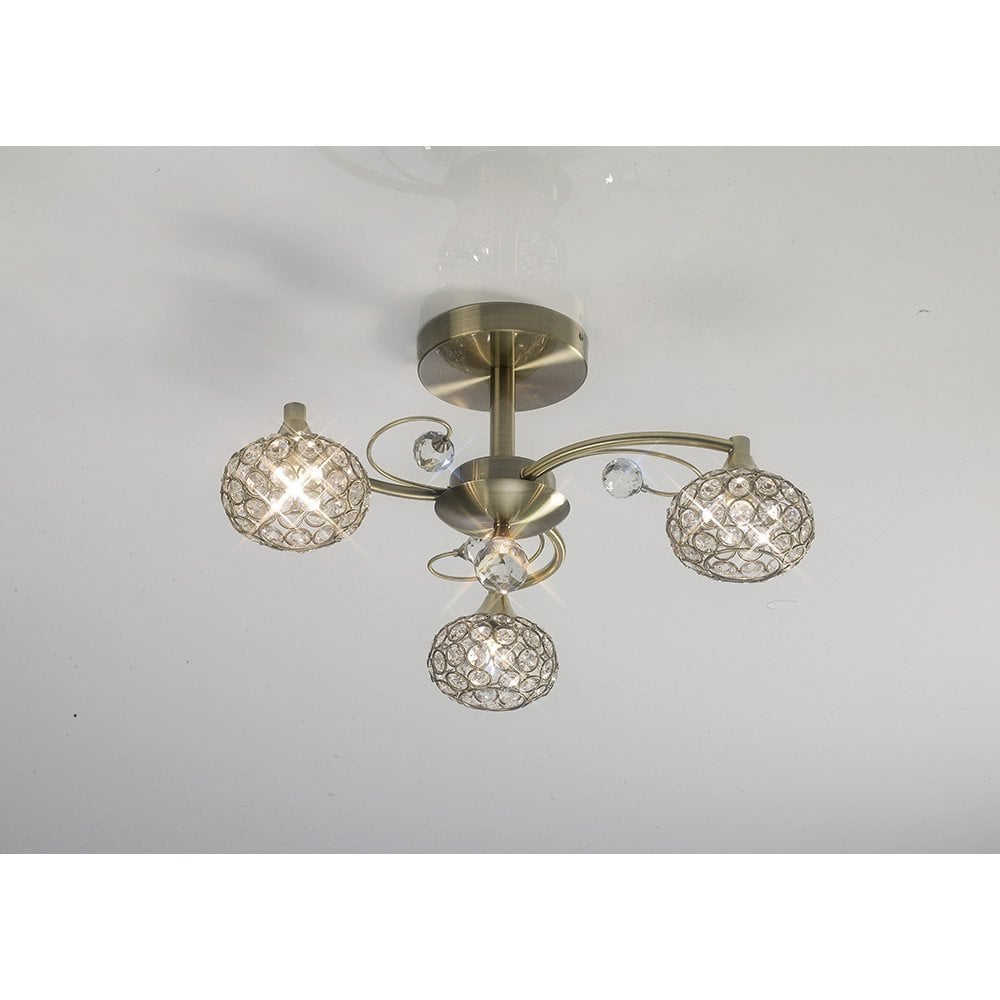 Cara Semi Ceiling 3 Light Antique Brass/Crystal