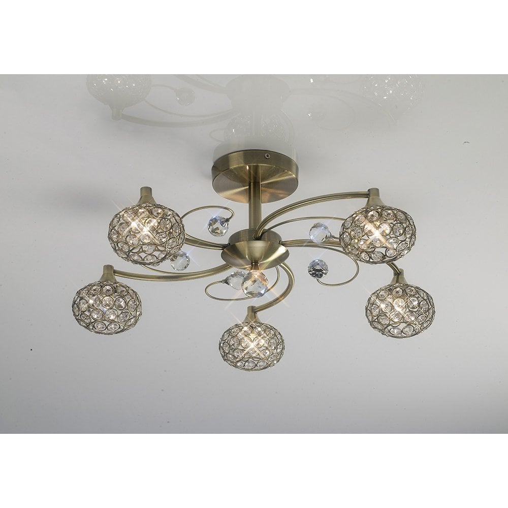 Cara Semi Ceiling 5 Light Antique Brass/Crystal